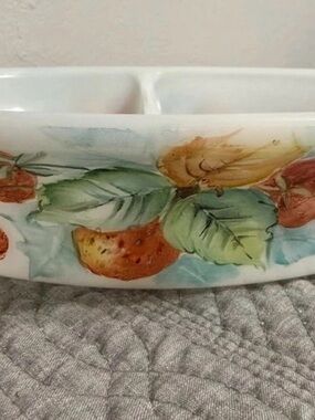 Hand-Painted Ceramic Fruit Bowl with Green Leaves and Orange Accents